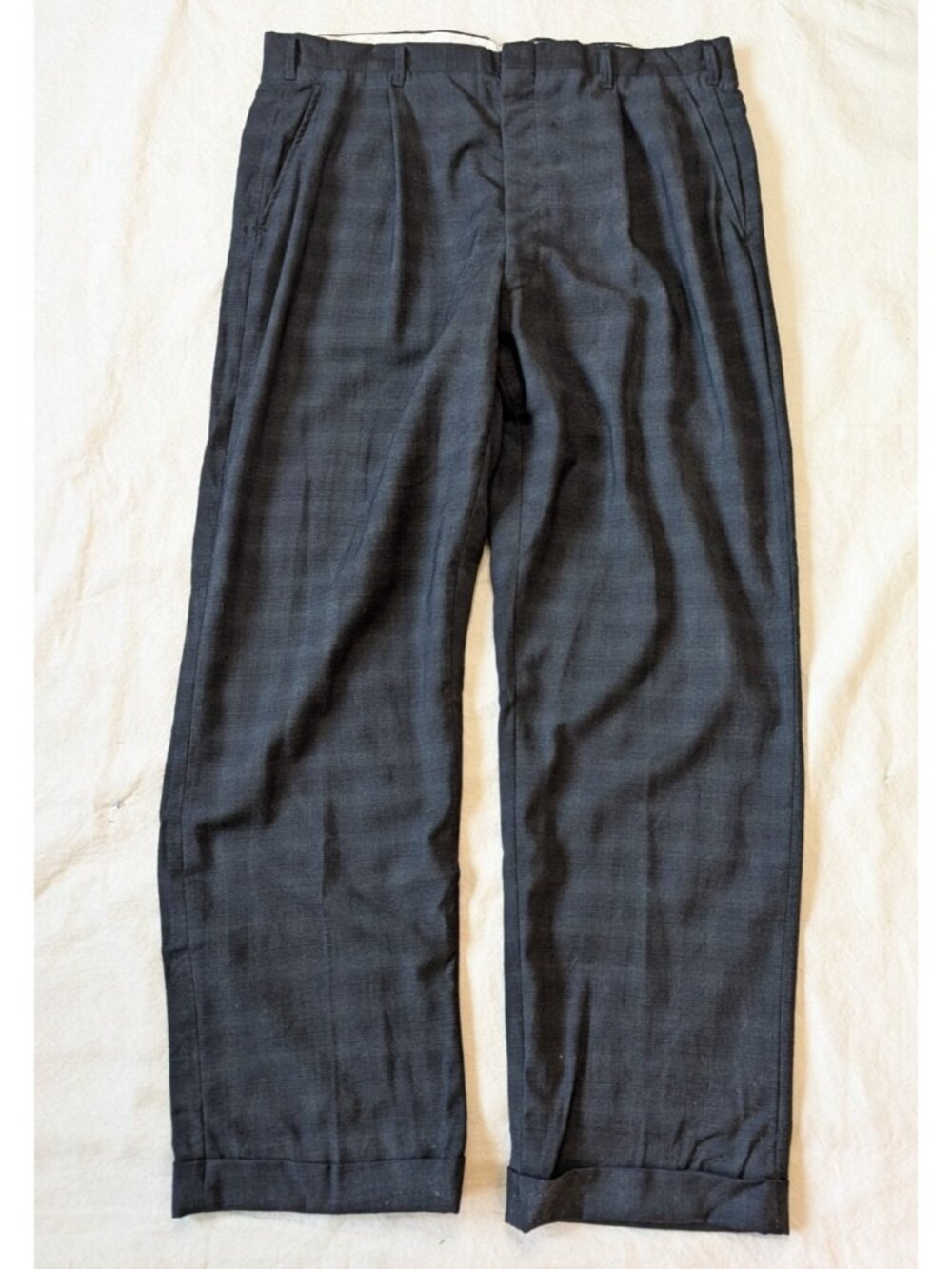 Vintage 50s Men's Drop Loop Black Check Pleated Wool Trouser Conmar Zip 38x32